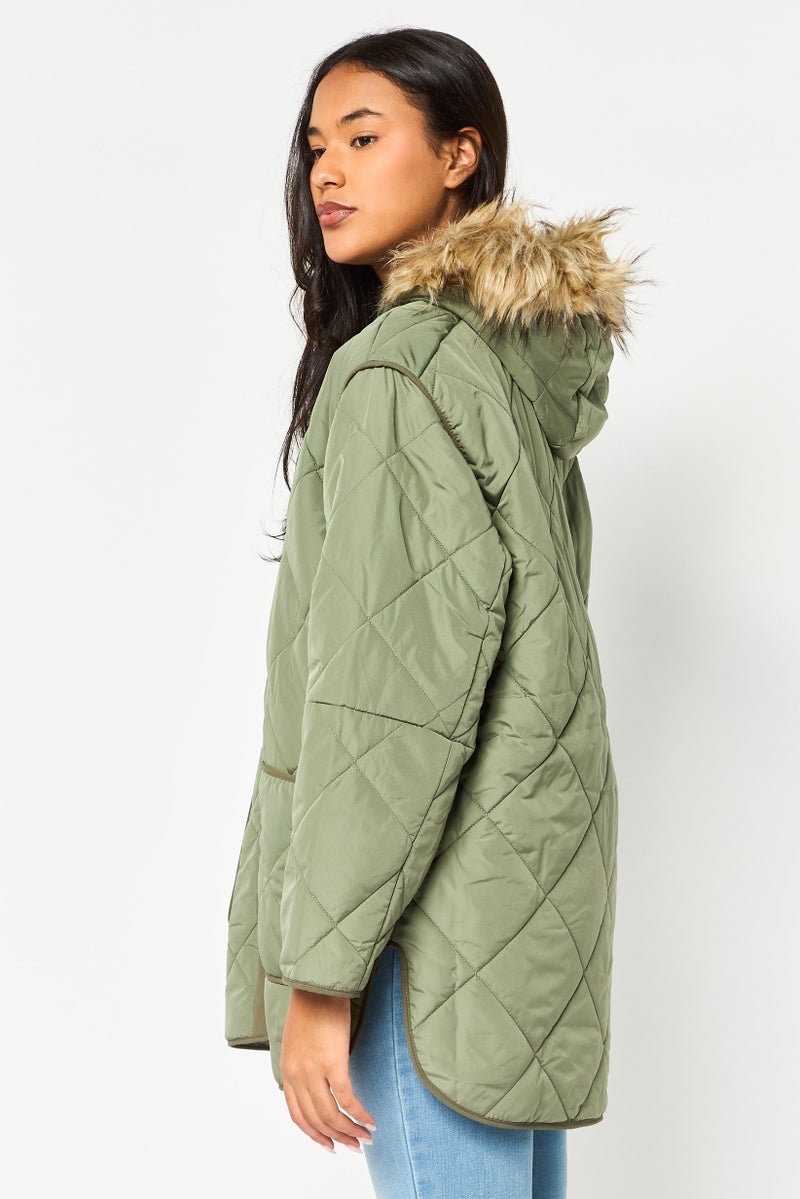 American Eagle Women Quilted Puffer Jacket, Olive - Image 3